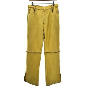 Ghospell Women's Yellow Textured Raw Seam Fringe Trousers Pants L Retro Wide Leg